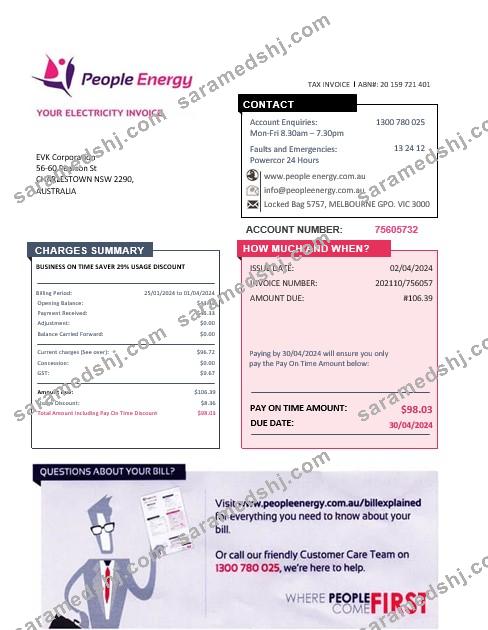 Australia People Energy electricity business utility bill template in Word and PDF format